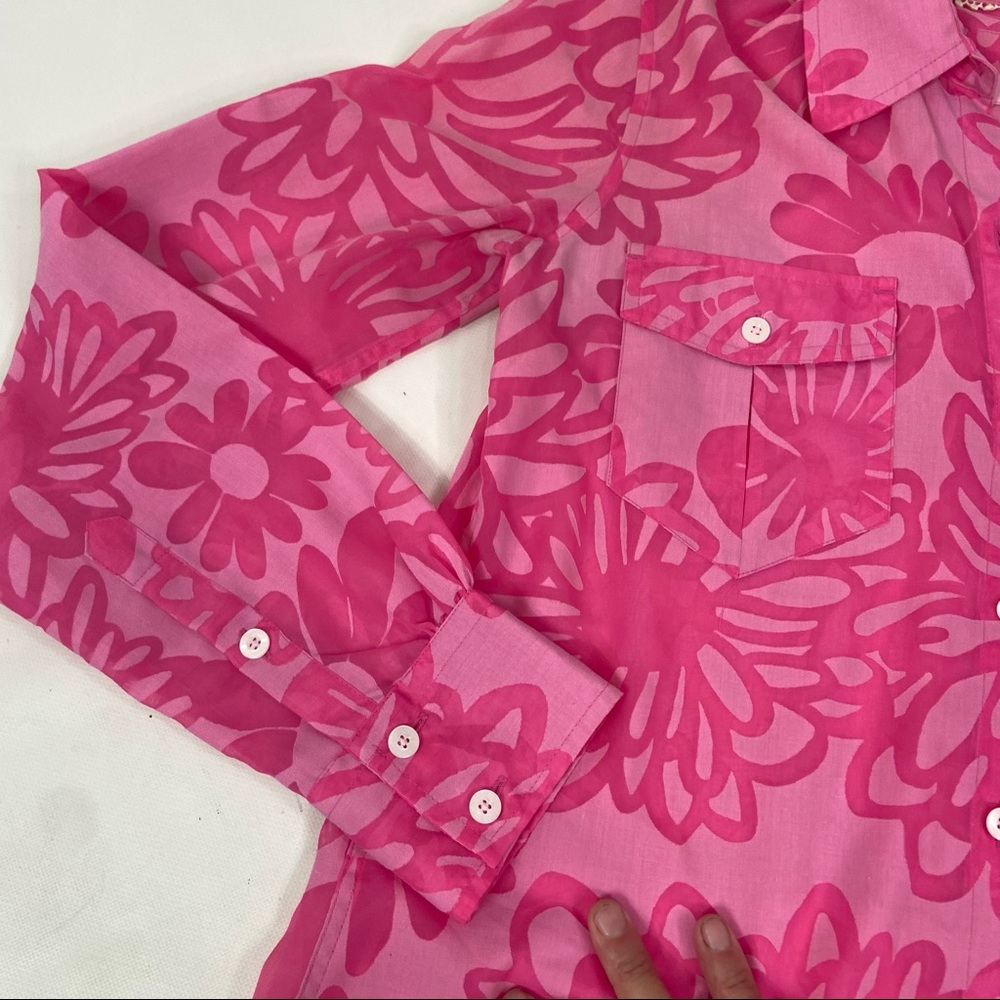 Lilly Pulitzer pink retro sheer floral collared top. XS - Picture 4 of 11